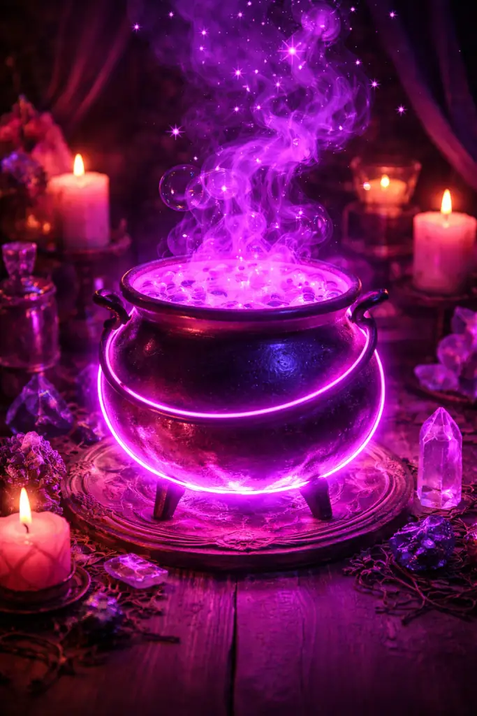 Glowing neon pink cauldron on a wooden table surrounded by crystals, candles, and mystical smoke”